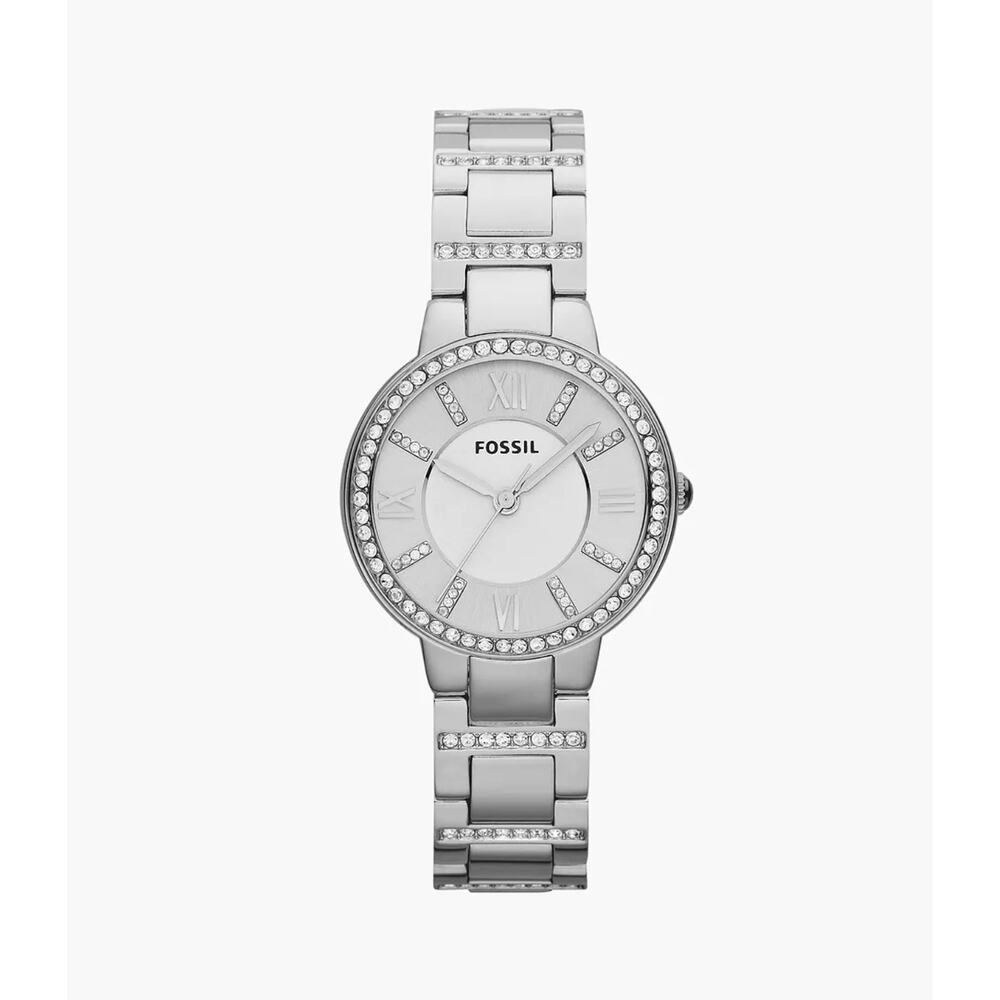 Fossil Silver Tone Crystal Bezel Watch Stainless Steel Bracelet Roman Numerals